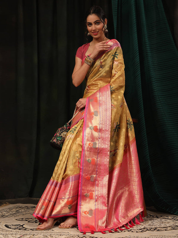 Mustard Art Silk Digital Print Floral Saree with Unstitched Blouse - Hiral Fashion