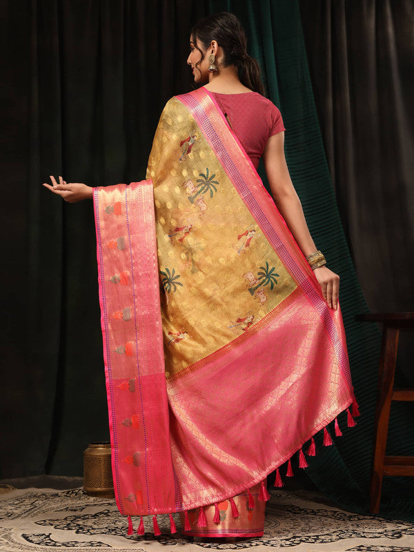 Mustard Art Silk Digital Print Floral Saree with Unstitched Blouse - Hiral Fashion