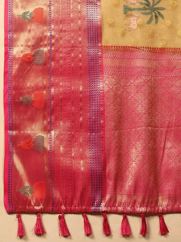 Mustard Art Silk Digital Print Floral Saree with Unstitched Blouse - Hiral Fashion