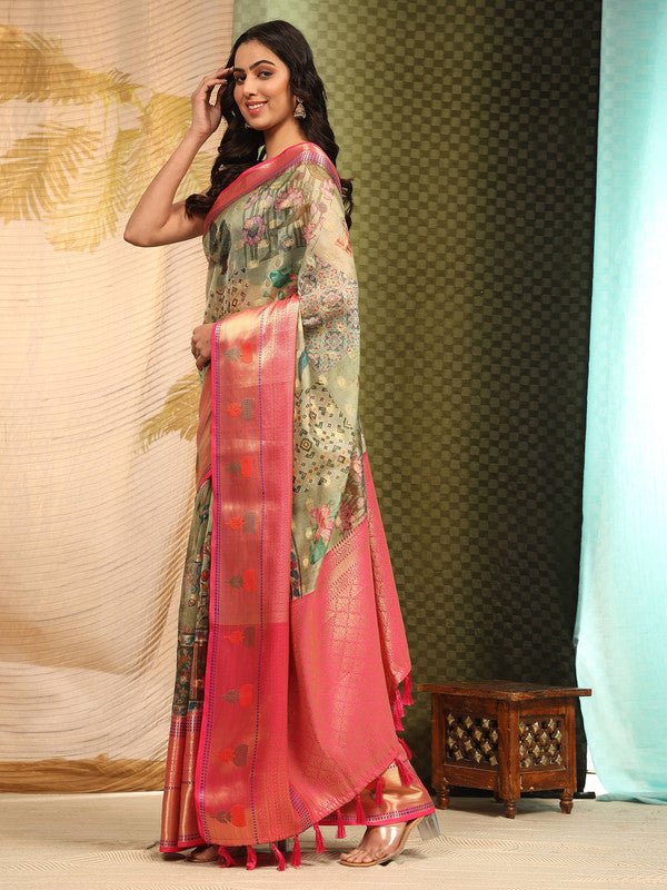 Multicolor Art Silk Digital Print Floral Saree with Unstitched Blouse - Hiral Fashion