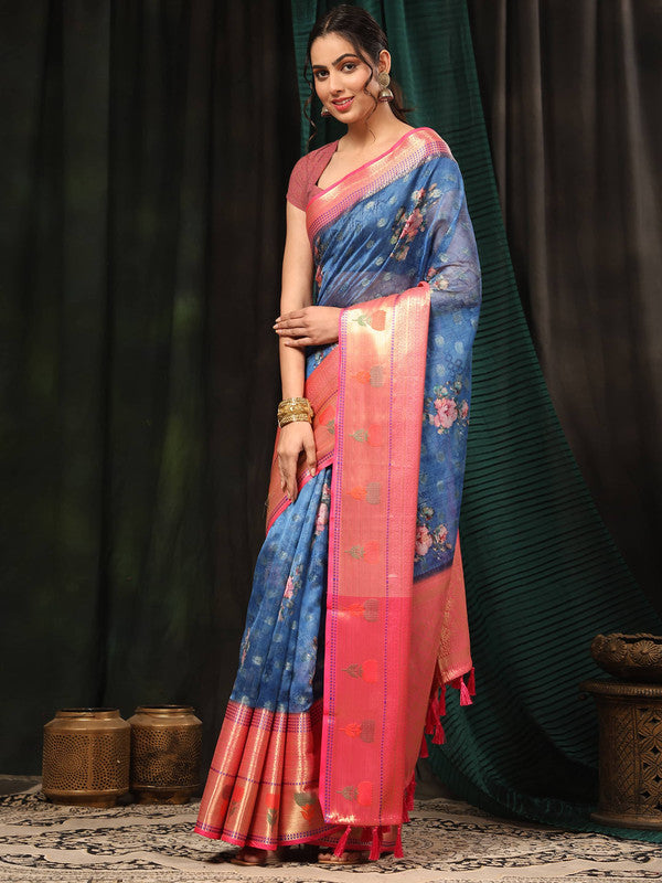 Navy Blue Art Silk Digital Print Floral Saree with Unstitched Blouse - Hiral Fashion