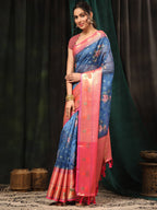 Navy Blue Art Silk Digital Print Floral Saree with Unstitched Blouse - Hiral Fashion
