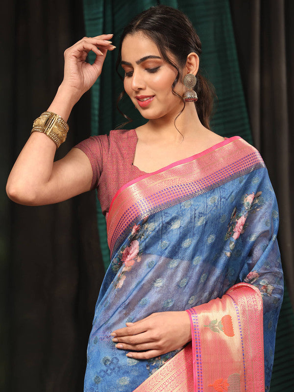 Navy Blue Art Silk Digital Print Floral Saree with Unstitched Blouse - Hiral Fashion