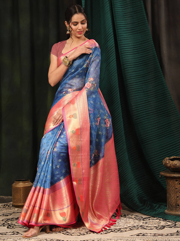 Navy Blue Art Silk Digital Print Floral Saree with Unstitched Blouse - Hiral Fashion