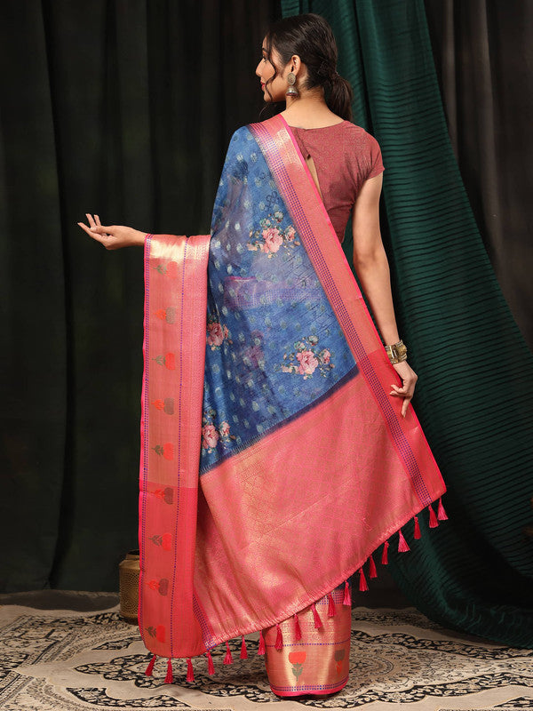Navy Blue Art Silk Digital Print Floral Saree with Unstitched Blouse - Hiral Fashion
