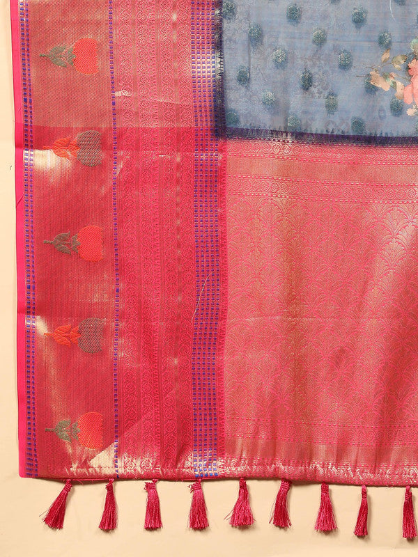 Navy Blue Art Silk Digital Print Floral Saree with Unstitched Blouse - Hiral Fashion