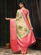 Green Art Silk Digital Print Floral Saree with Unstitched Blouse - Hiral Fashion