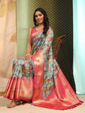 Sky Blue Art Silk Digital Print Floral Saree with Unstitched Blouse - Hiral Fashion
