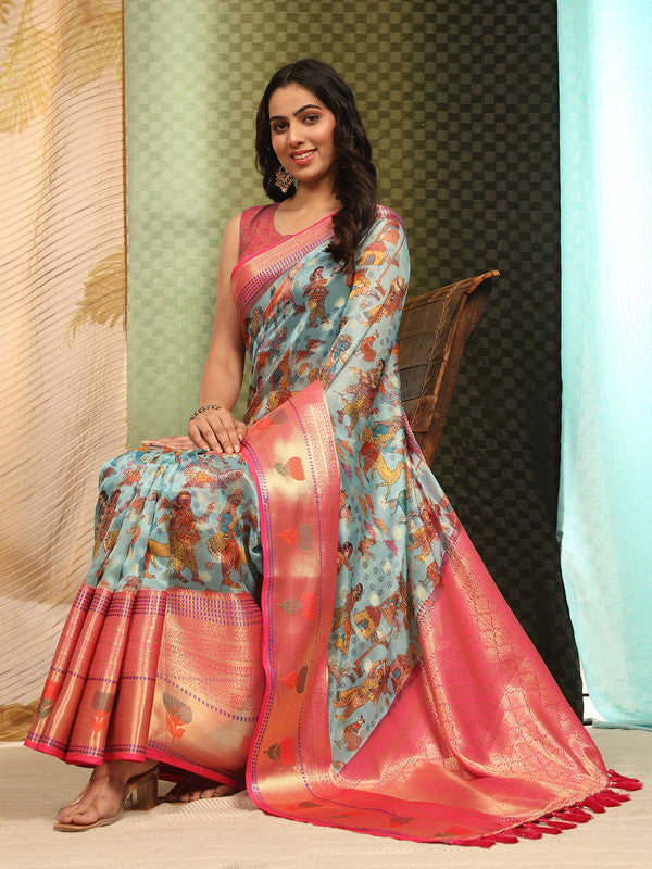 Sky Blue Art Silk Digital Print Floral Saree with Unstitched Blouse - Hiral Fashion