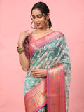 Turquoise Art Silk Digital Print Floral Saree with Unstitched Blouse - Hiral Fashion