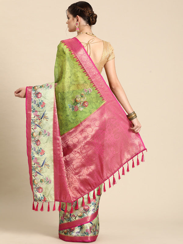 Green Kanjeevaram Silk Digital Print Floral Saree with Unstitched Blouse - Hiral Fashion