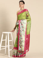 Green Kanjeevaram Silk Digital Print Floral Saree with Unstitched Blouse - Hiral Fashion