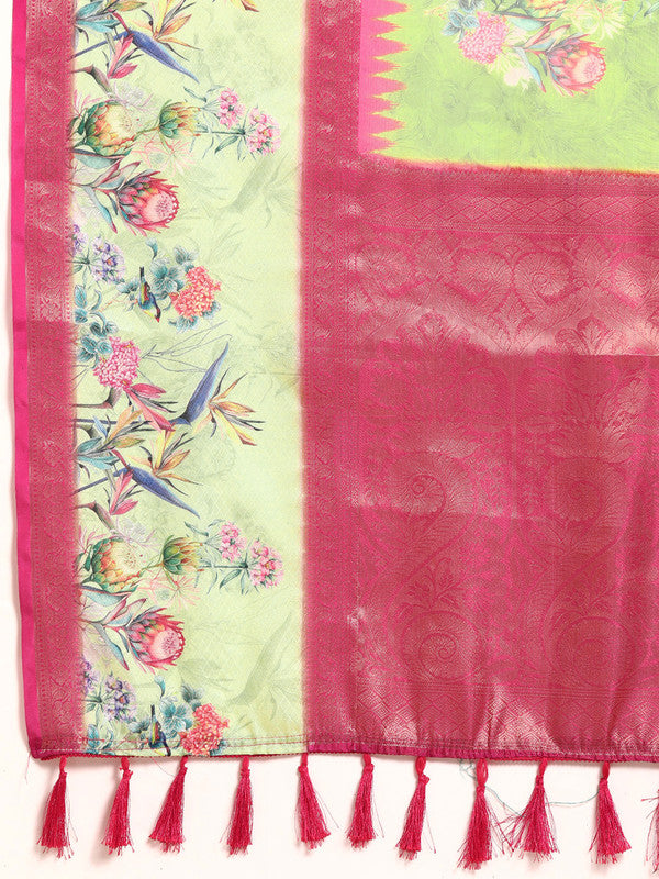 Green Kanjeevaram Silk Digital Print Floral Saree with Unstitched Blouse - Hiral Fashion