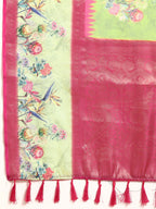 Green Kanjeevaram Silk Digital Print Floral Saree with Unstitched Blouse - Hiral Fashion