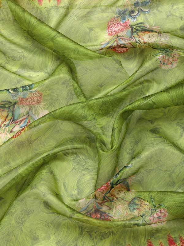 Green Kanjeevaram Silk Digital Print Floral Saree with Unstitched Blouse - Hiral Fashion