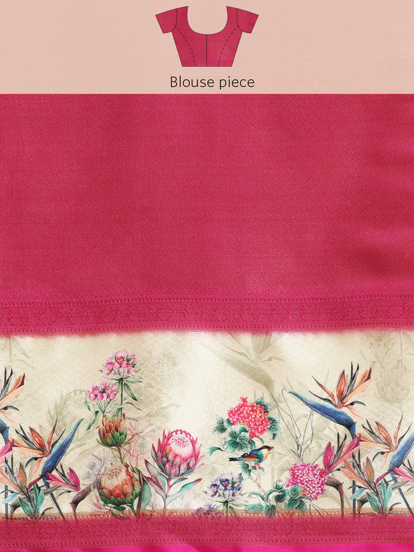 Green Kanjeevaram Silk Digital Print Floral Saree with Unstitched Blouse - Hiral Fashion