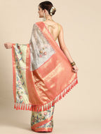 Gray Kanjeevaram Silk Digital Print Floral Saree with Unstitched Blouse - Hiral Fashion