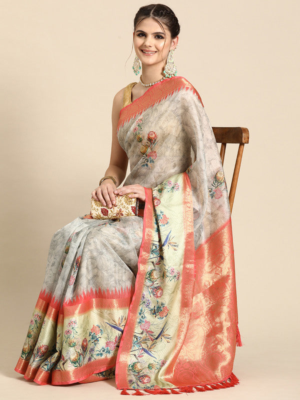 Gray Kanjeevaram Silk Digital Print Floral Saree with Unstitched Blouse - Hiral Fashion