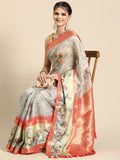 Gray Kanjeevaram Silk Digital Print Floral Saree with Unstitched Blouse - Hiral Fashion