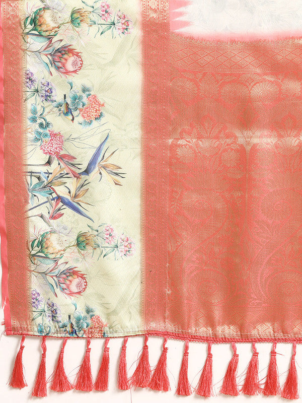 Gray Kanjeevaram Silk Digital Print Floral Saree with Unstitched Blouse - Hiral Fashion