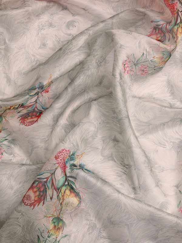 Gray Kanjeevaram Silk Digital Print Floral Saree with Unstitched Blouse - Hiral Fashion