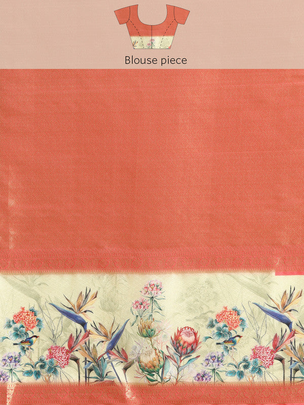 Gray Kanjeevaram Silk Digital Print Floral Saree with Unstitched Blouse - Hiral Fashion