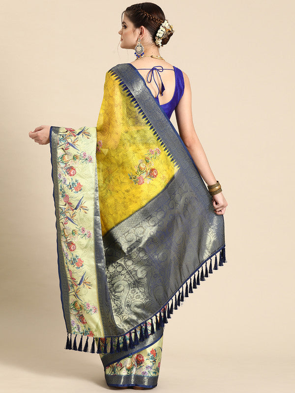 Mustard Kanjeevaram Silk Digital Print Floral Saree with Unstitched Blouse - Hiral Fashion