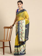 Mustard Kanjeevaram Silk Digital Print Floral Saree with Unstitched Blouse - Hiral Fashion