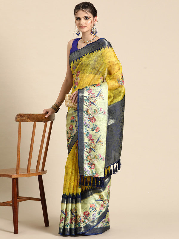Mustard Kanjeevaram Silk Digital Print Floral Saree with Unstitched Blouse - Hiral Fashion