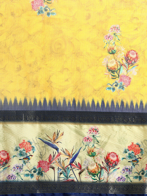 Mustard Kanjeevaram Silk Digital Print Floral Saree with Unstitched Blouse - Hiral Fashion