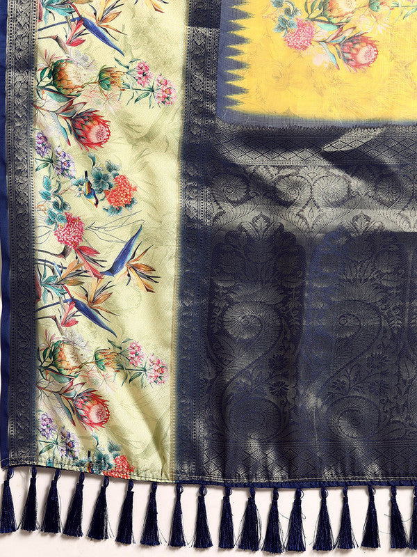 Mustard Kanjeevaram Silk Digital Print Floral Saree with Unstitched Blouse - Hiral Fashion