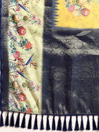 Mustard Kanjeevaram Silk Digital Print Floral Saree with Unstitched Blouse - Hiral Fashion