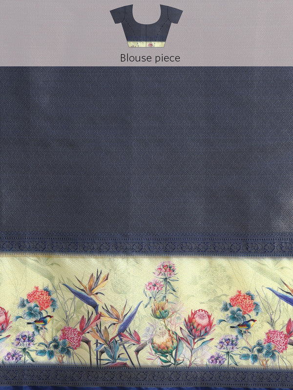Mustard Kanjeevaram Silk Digital Print Floral Saree with Unstitched Blouse - Hiral Fashion