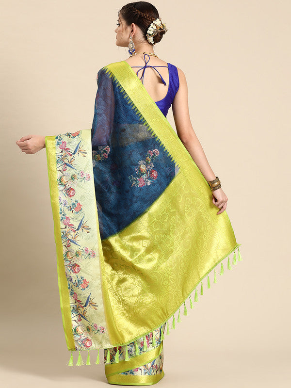 Navy Blue Kanjeevaram Silk Digital Print Floral Saree with Unstitched Blouse - Hiral Fashion