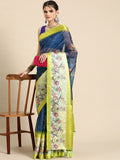 Navy Blue Kanjeevaram Silk Digital Print Floral Saree with Unstitched Blouse - Hiral Fashion