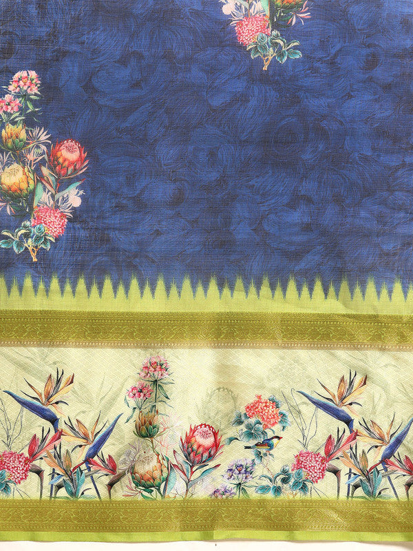 Navy Blue Kanjeevaram Silk Digital Print Floral Saree with Unstitched Blouse - Hiral Fashion