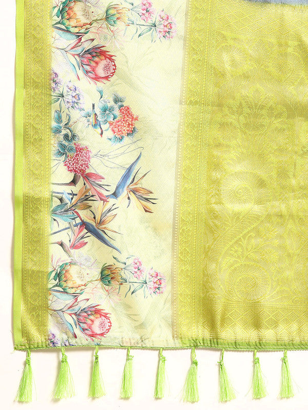 Navy Blue Kanjeevaram Silk Digital Print Floral Saree with Unstitched Blouse - Hiral Fashion