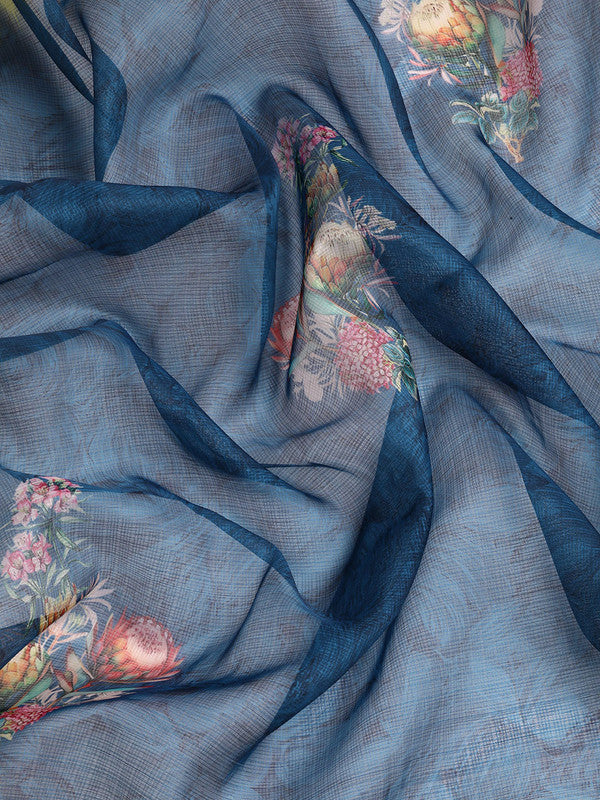 Navy Blue Kanjeevaram Silk Digital Print Floral Saree with Unstitched Blouse - Hiral Fashion