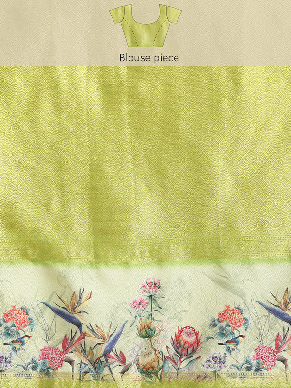 Navy Blue Kanjeevaram Silk Digital Print Floral Saree with Unstitched Blouse - Hiral Fashion