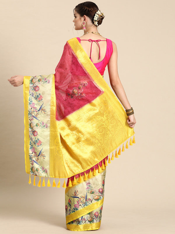 Red Kanjeevaram Silk Digital Print Floral Saree with Unstitched Blouse - Hiral Fashion