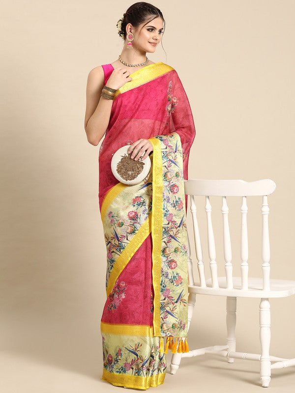 Red Kanjeevaram Silk Digital Print Floral Saree with Unstitched Blouse - Hiral Fashion