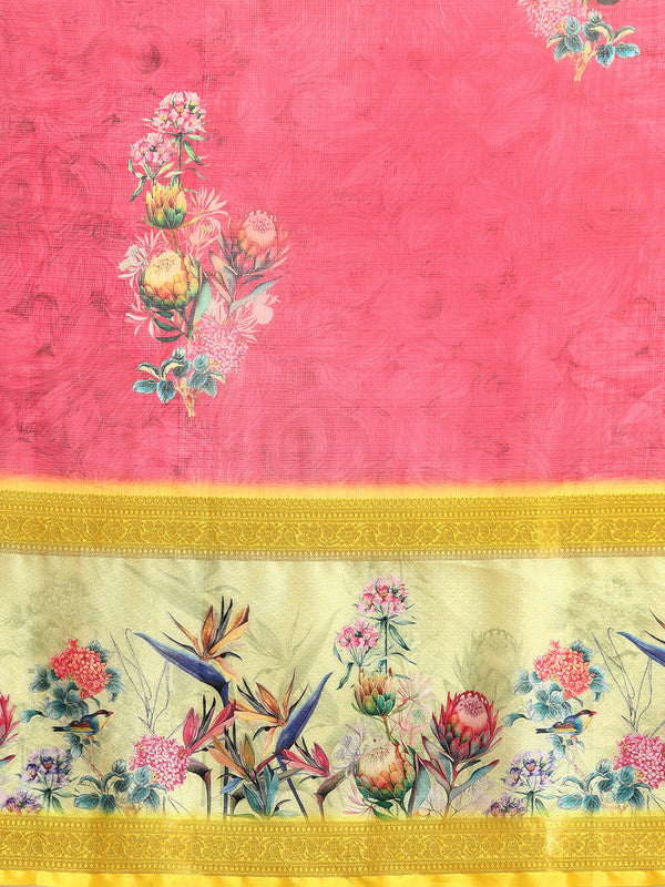 Red Kanjeevaram Silk Digital Print Floral Saree with Unstitched Blouse - Hiral Fashion