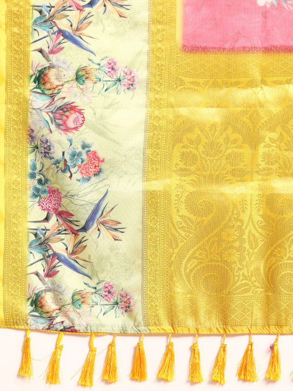 Red Kanjeevaram Silk Digital Print Floral Saree with Unstitched Blouse - Hiral Fashion