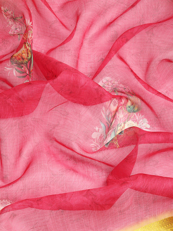 Red Kanjeevaram Silk Digital Print Floral Saree with Unstitched Blouse - Hiral Fashion