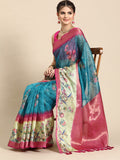 Turquoise Kanjeevaram Silk Digital Print Floral Saree with Unstitched Blouse - Hiral Fashion