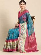 Turquoise Kanjeevaram Silk Digital Print Floral Saree with Unstitched Blouse - Hiral Fashion