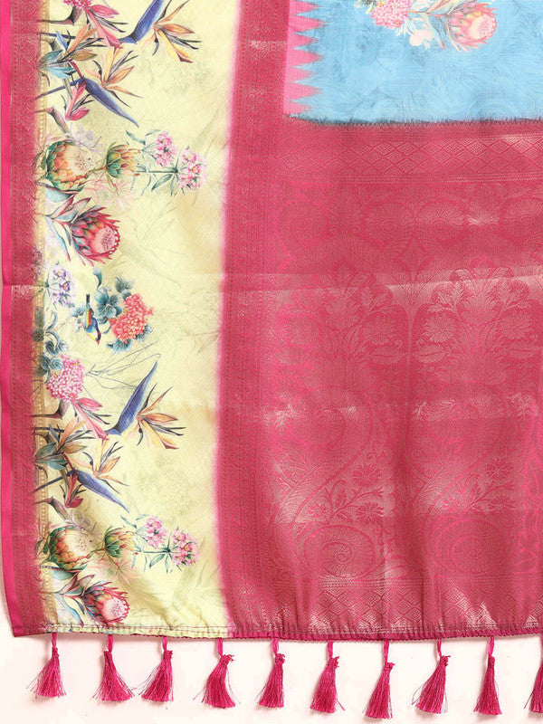 Turquoise Kanjeevaram Silk Digital Print Floral Saree with Unstitched Blouse - Hiral Fashion