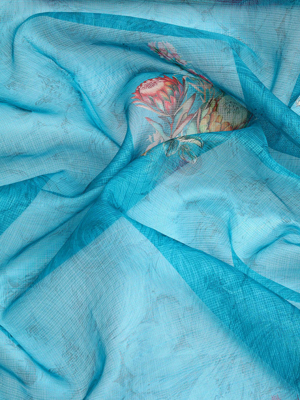 Turquoise Kanjeevaram Silk Digital Print Floral Saree with Unstitched Blouse - Hiral Fashion