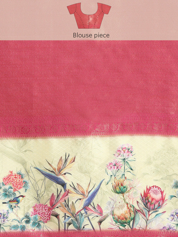 Turquoise Kanjeevaram Silk Digital Print Floral Saree with Unstitched Blouse - Hiral Fashion
