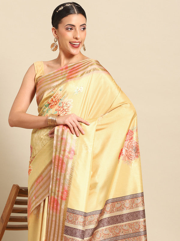Mustard Art Silk Printed Floral Saree with Unstitched Blouse - Hiral Fashion